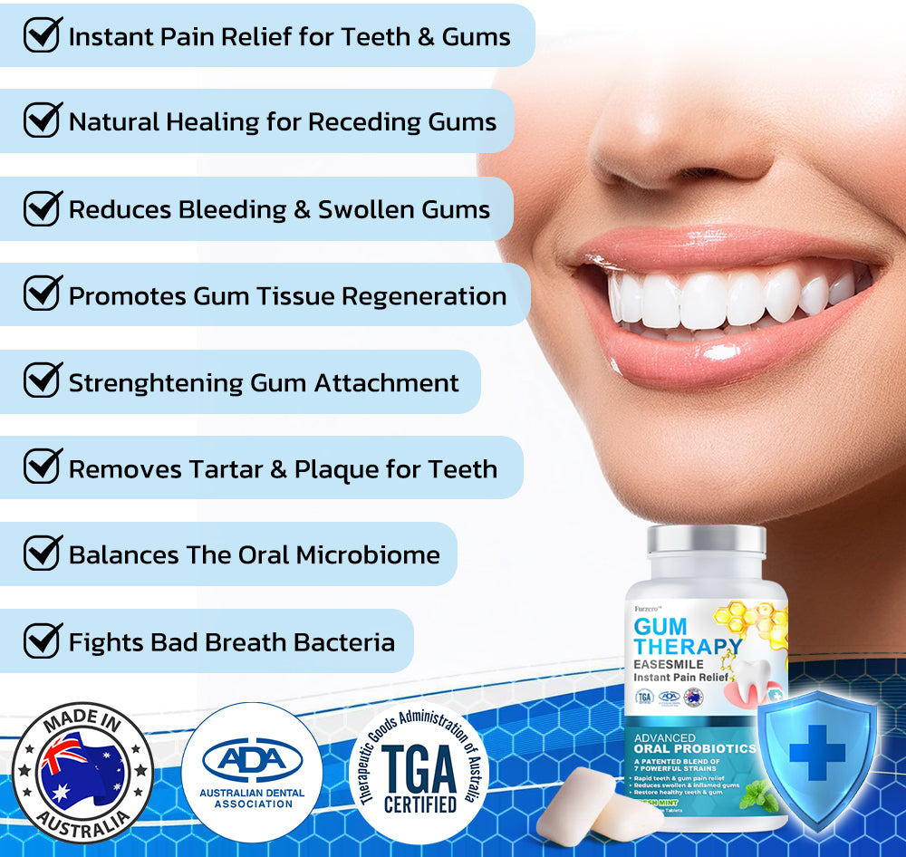 đĽFurzero⢠EaseSmile Gums Therapy & Pain Relief Probiotics Bee Venom Chicles (đŚđşADA Proven) BLIS K12 & M18, Fights Periodontitis, Gingivitis, Gum And Teeth Pain, Gum Recession, Inflammation, Tartar, Strep Throat