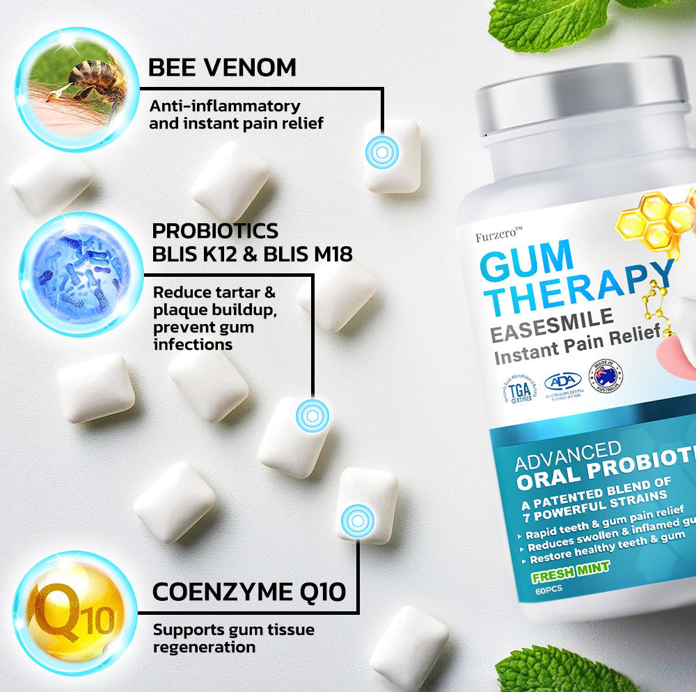 đĽFurzero⢠EaseSmile Gums Therapy & Pain Relief Probiotics Bee Venom Chicles (đŚđşADA Proven) BLIS K12 & M18, Fights Periodontitis, Gingivitis, Gum And Teeth Pain, Gum Recession, Inflammation, Tartar, Strep Throat