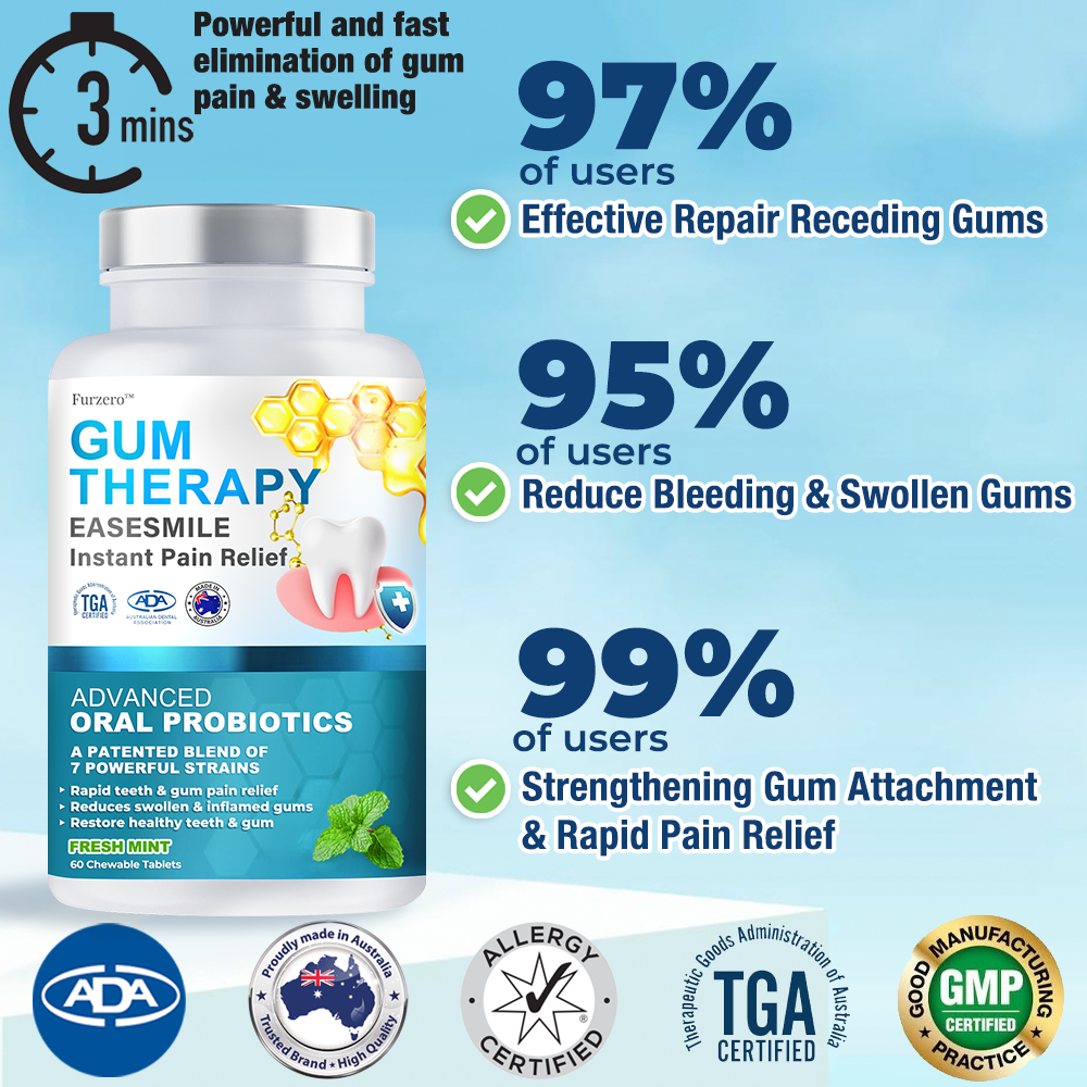 đĽFurzero⢠EaseSmile Gums Therapy & Pain Relief Probiotics Bee Venom Chicles (đŚđşADA Proven) BLIS K12 & M18, Fights Periodontitis, Gingivitis, Gum And Teeth Pain, Gum Recession, Inflammation, Tartar, Strep Throat