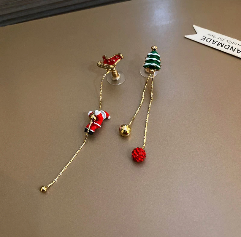 14K Gold Climbing Santa Claus Christmas Tree Earrings
