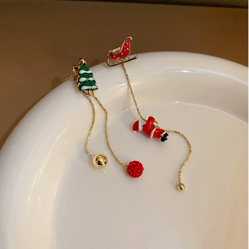 14K Gold Climbing Santa Claus Christmas Tree Earrings